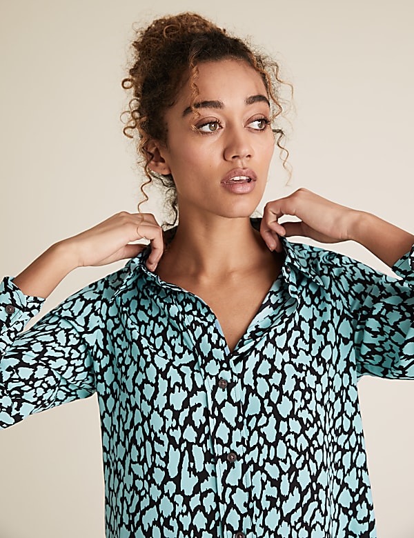 Animal Print Collared Long Sleeve Shirt