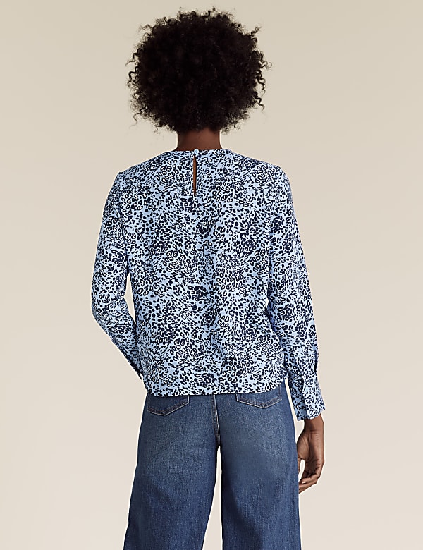 Animal Print Pintuck Long Sleeve Blouse