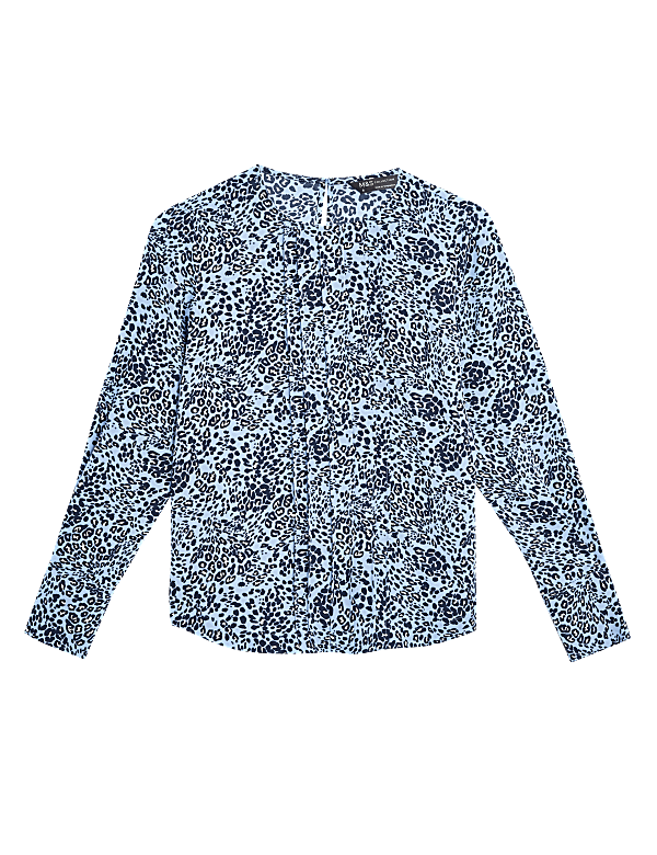 Animal Print Pintuck Long Sleeve Blouse