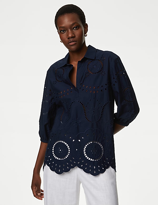 Pure Cotton Broderie Popover Blouse