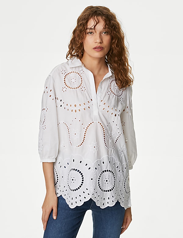 Pure Cotton Broderie Popover Blouse