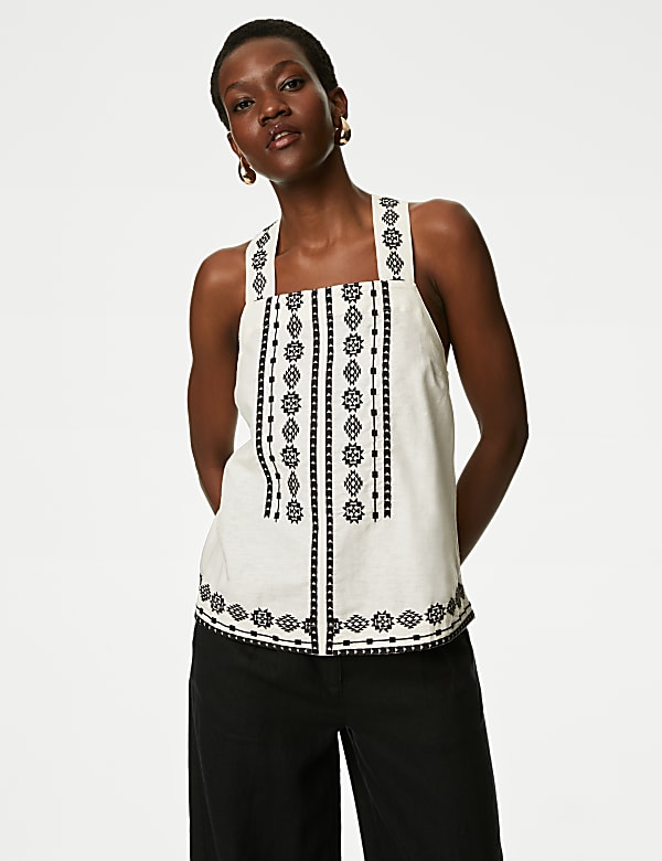 Linen Rich Embroidered Cami Top