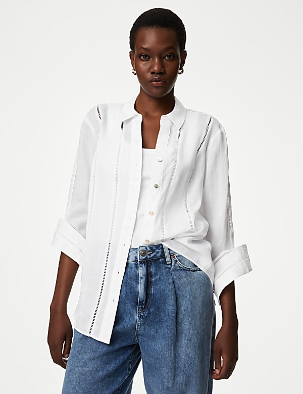 Ramie Broderie Detail Collared Shirt