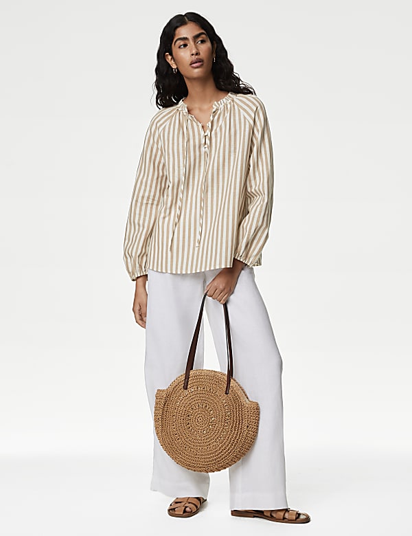 Linen Rich Striped Tie Neck Blouse - JE