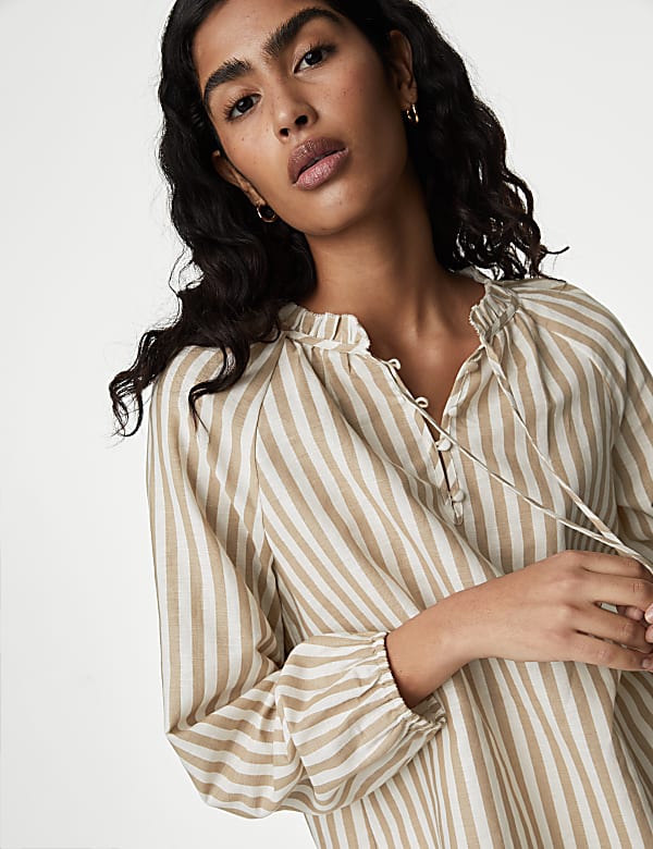 Linen Rich Striped Tie Neck Blouse