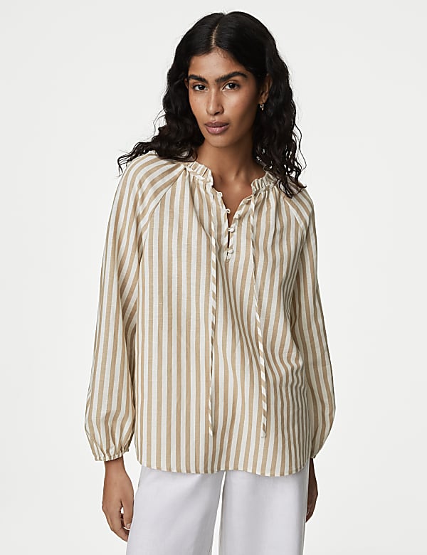 Linen Rich Striped Tie Neck Blouse