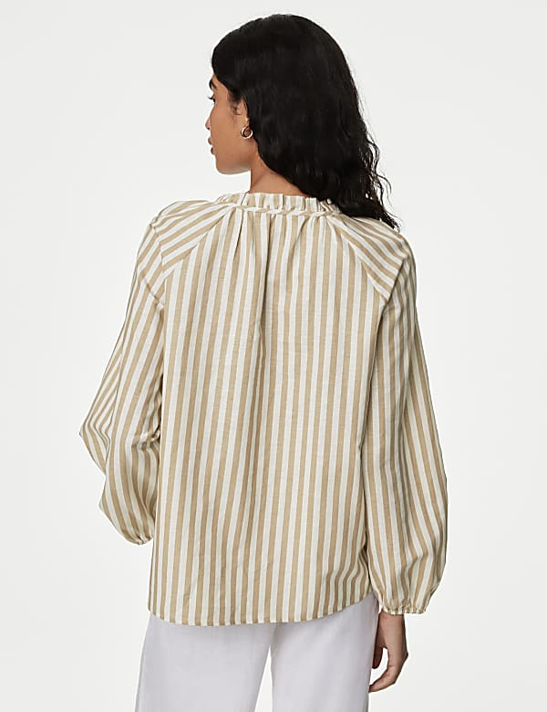 Linen Rich Striped Tie Neck Blouse
