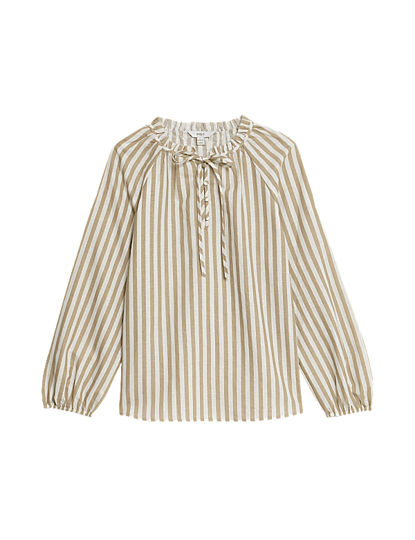 Linen Rich Striped Tie Neck Blouse