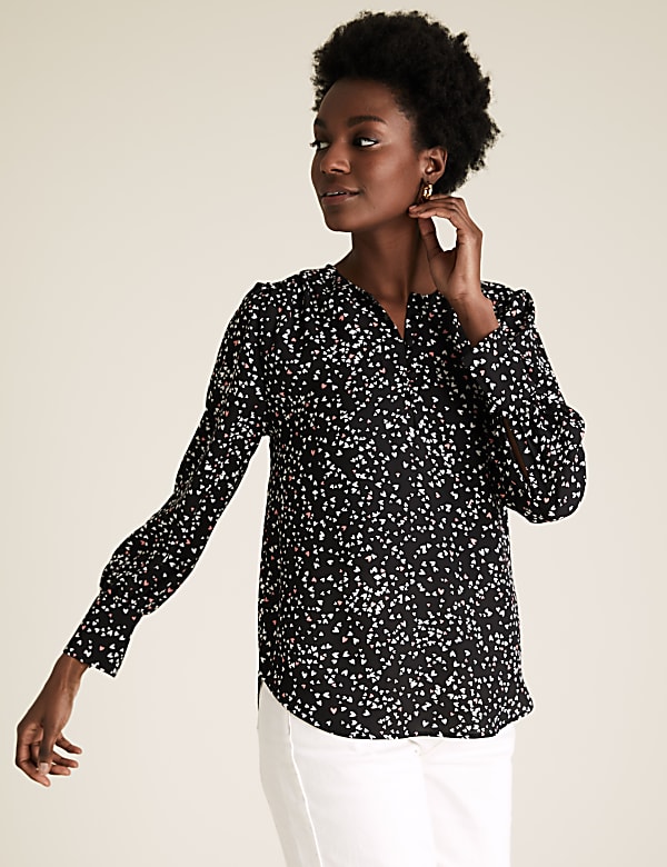 Heart Print Round Neck Long Sleeve Blouse