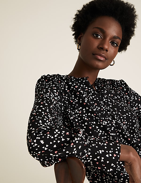 Heart Print Round Neck Long Sleeve Blouse