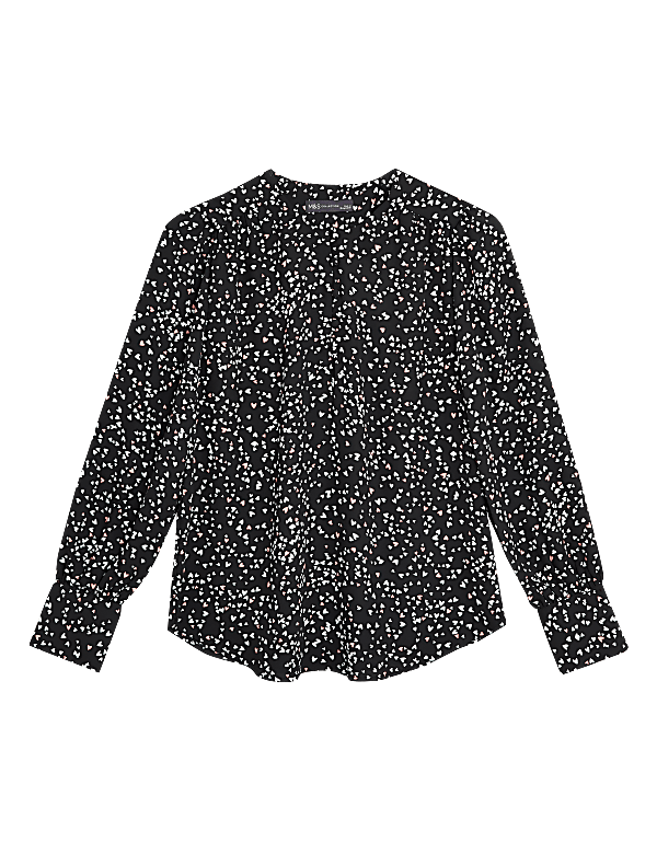 Heart Print Round Neck Long Sleeve Blouse