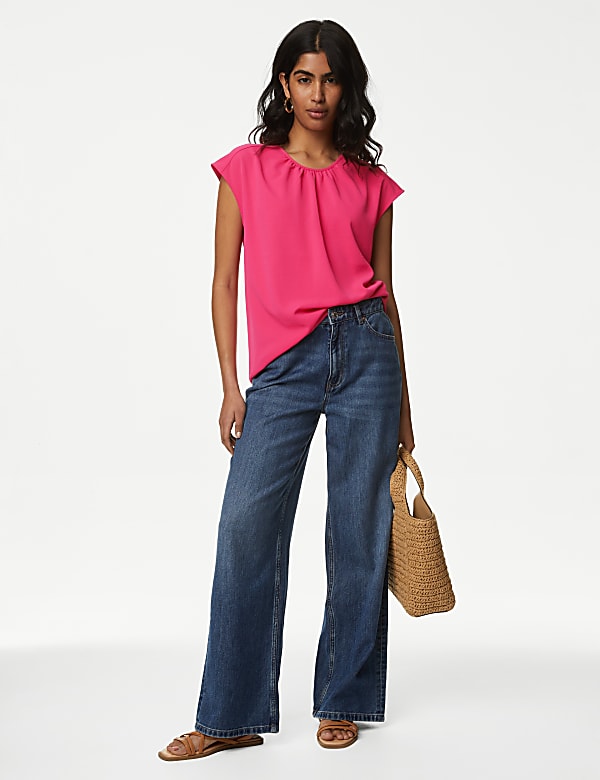 Round Neck Shirred Detail Blouse - GR