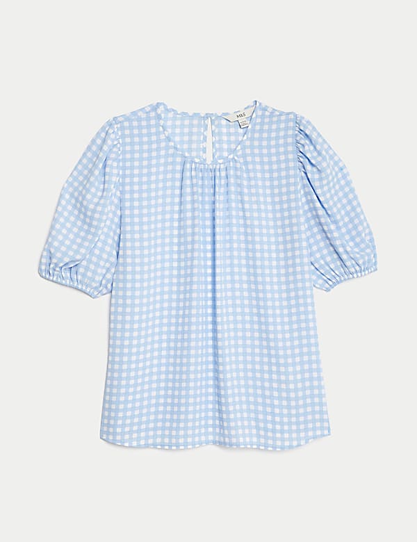 Printed Round Neck Puff Sleeve Blouse - UA