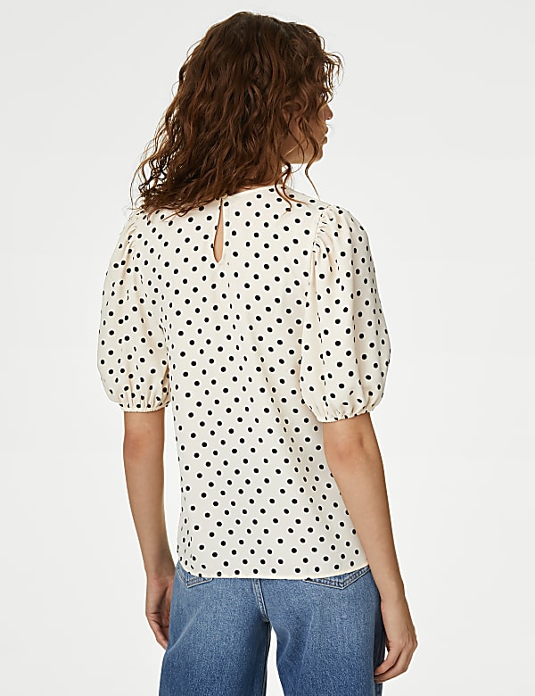 Printed Round Neck Puff Sleeve Blouse