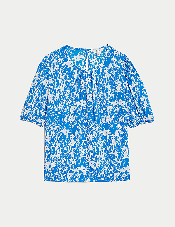 Printed Round Neck Puff Sleeve Blouse - SI