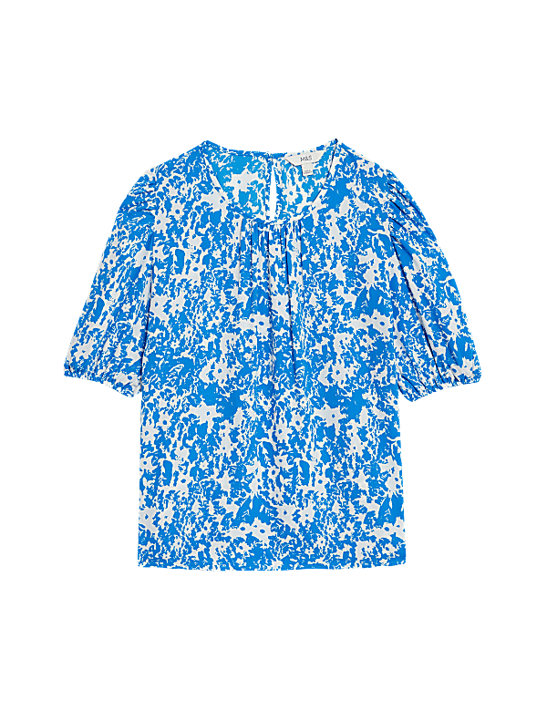 Printed Round Neck Puff Sleeve Blouse