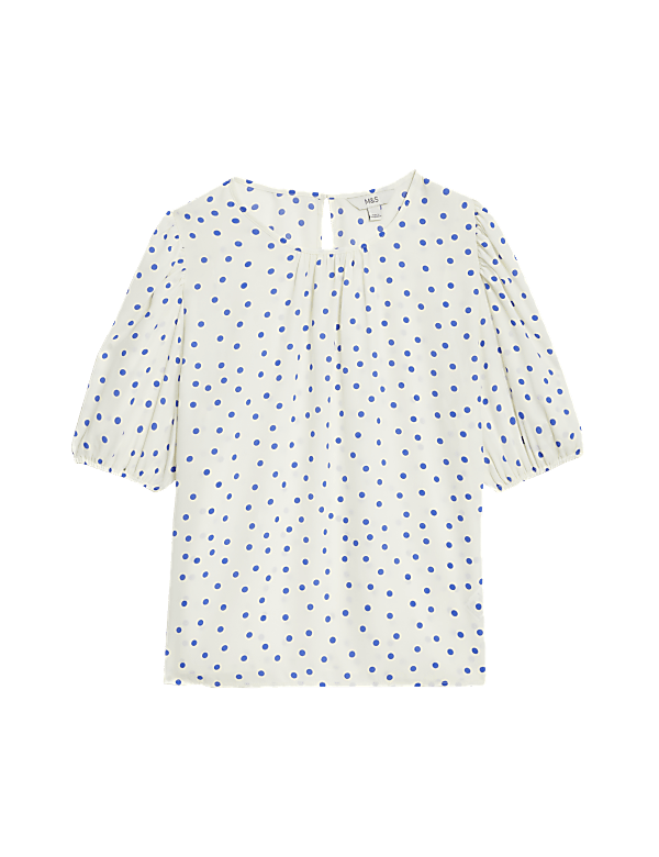 Printed Round Neck Puff Sleeve Blouse