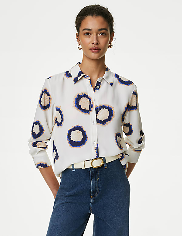 Printed Collared Button Through Blouse - DE