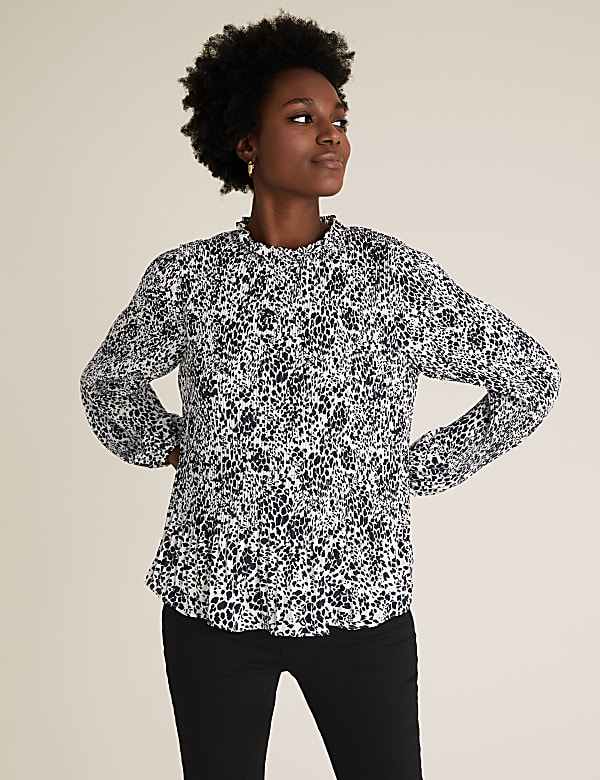 Animal Print Plisse Long Sleeve Blouse