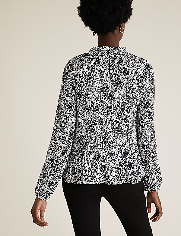Animal Print Plisse Long Sleeve Blouse
