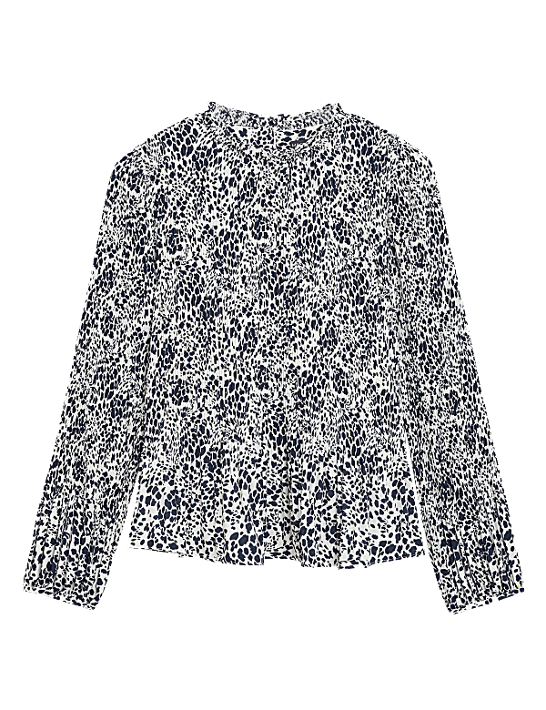 Animal Print Plisse Long Sleeve Blouse