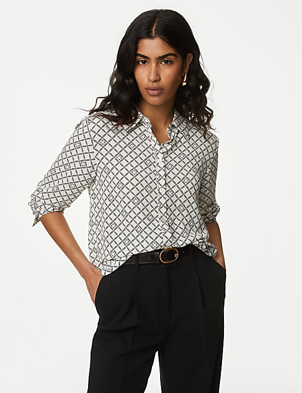 Printed Collared Button Through Blouse