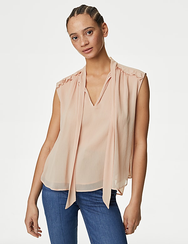 Sheer Tie Neck Frill Detail Blouse