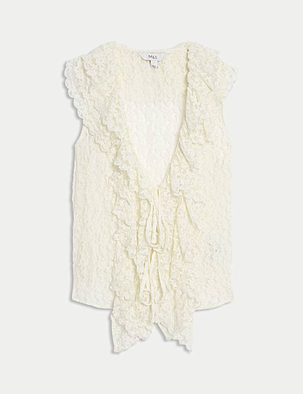 Lace V-Neck Tie Detail Ruffle Top - NL