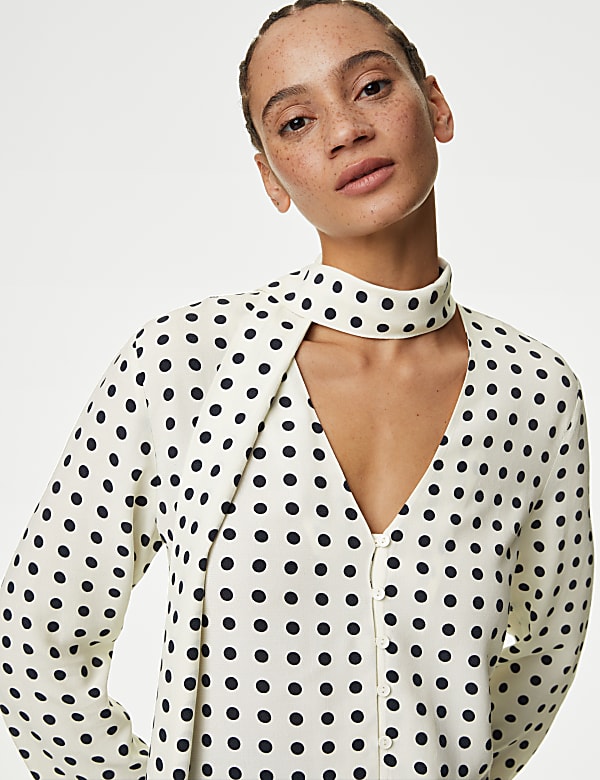 Polka Dot Scarf Neck Blouse