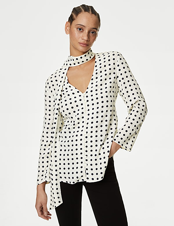 Polka Dot Scarf Neck Blouse