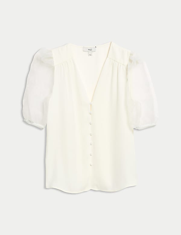 Organza V-Neck Puff Sleeve Top - JO