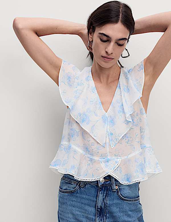 Lyocell Rich Floral Frill Detail Top - FI