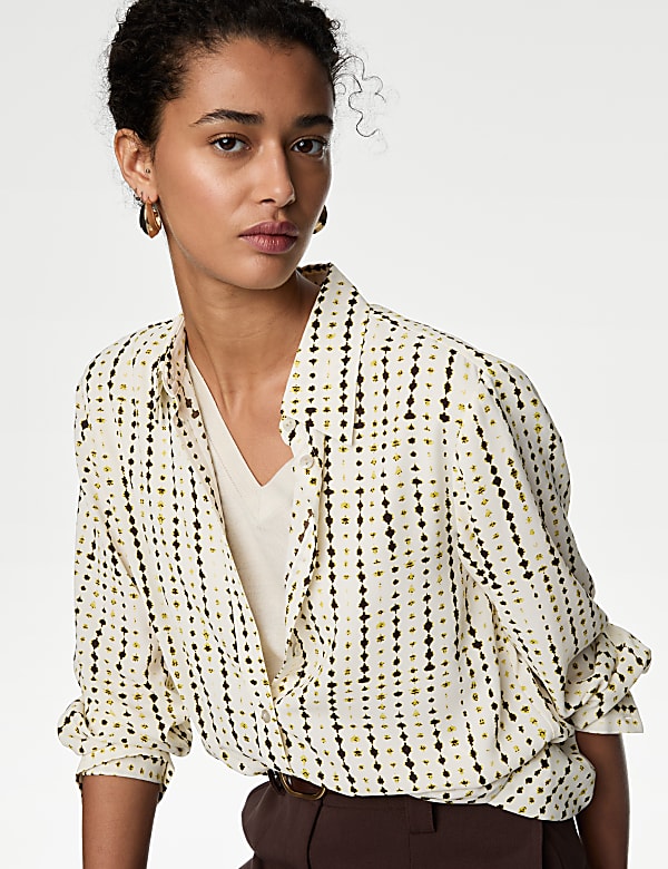 Printed Collared Button Through Blouse - BE