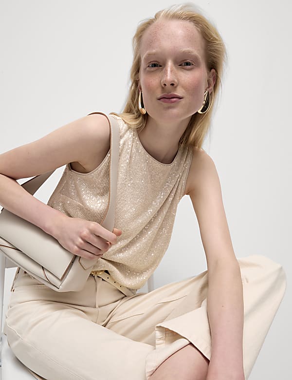 Sequin Round Neck Sleeveless Top