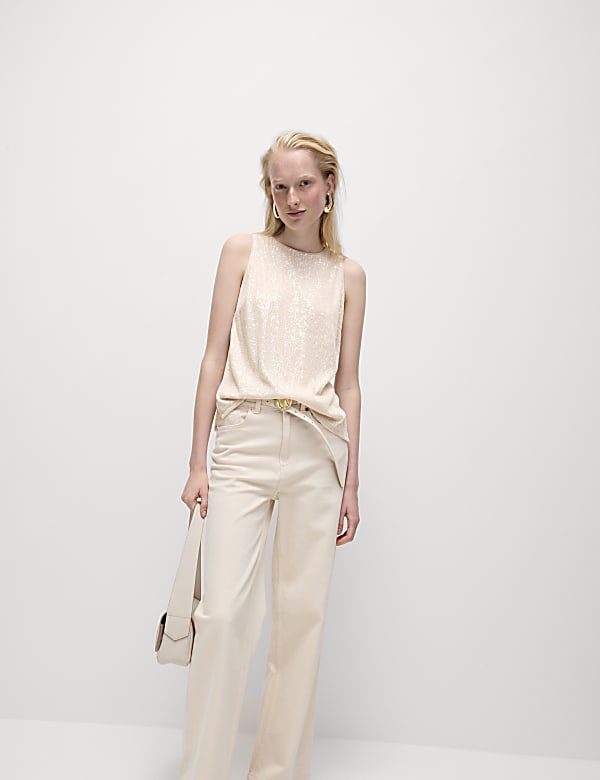 Sequin Round Neck Sleeveless Top