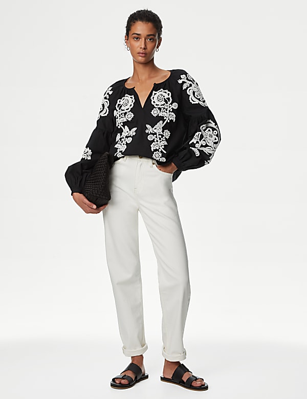 Pure Cotton Embroidered Puff Sleeve Blouse