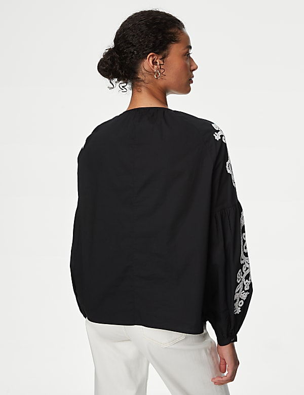 Pure Cotton Embroidered Puff Sleeve Blouse