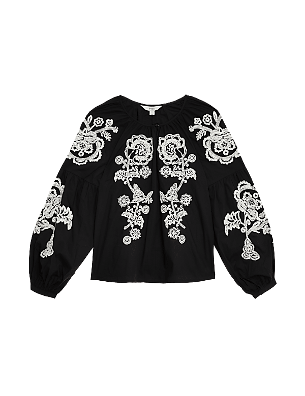 Pure Cotton Embroidered Puff Sleeve Blouse