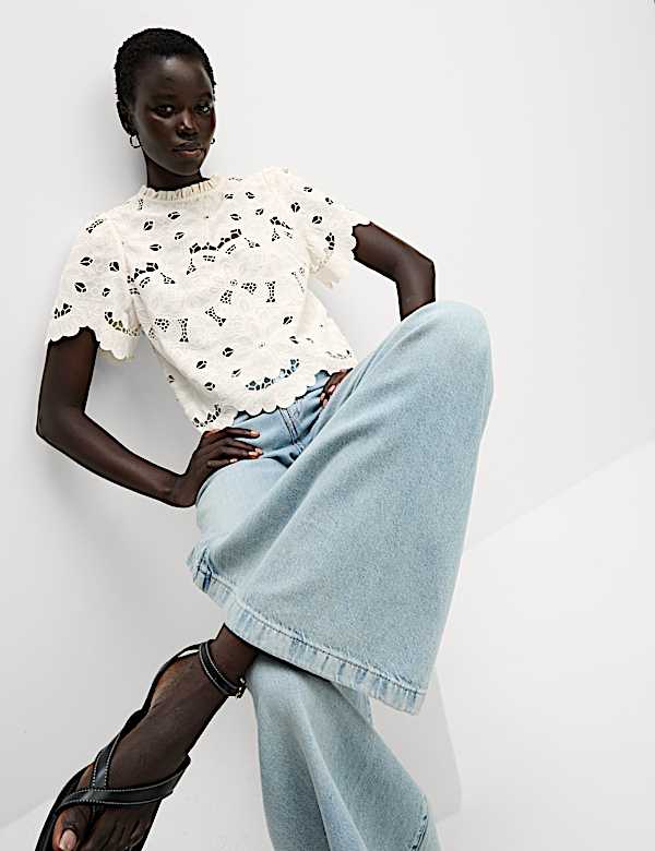 High Neck Cutwork Puff Sleeve Top