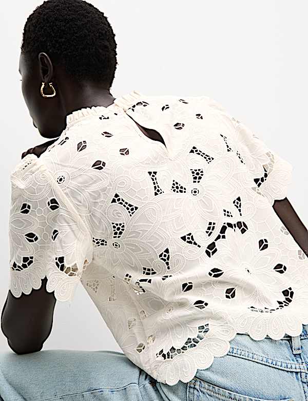 High Neck Cutwork Puff Sleeve Top