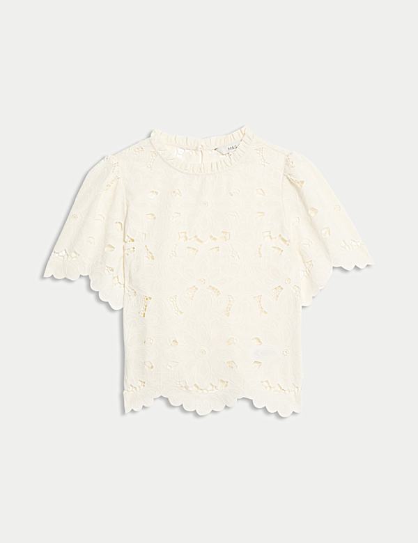 High Neck Cutwork Puff Sleeve Top - BE