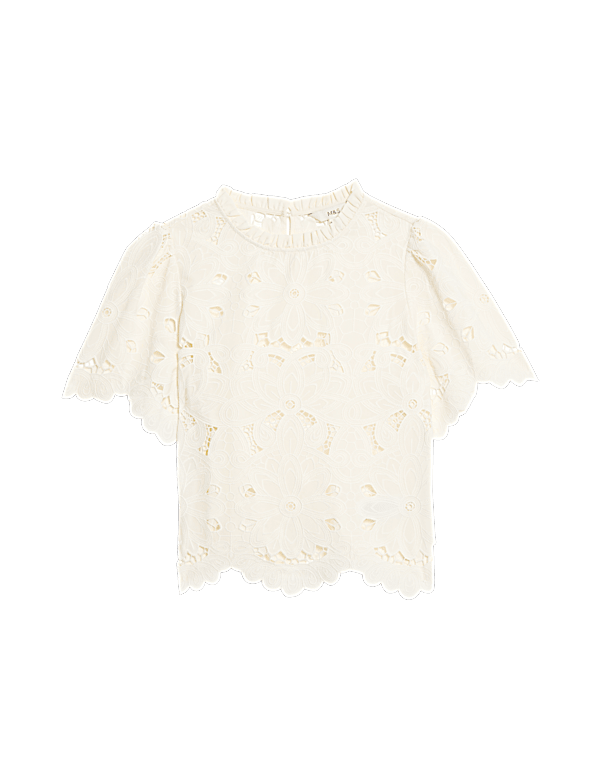 High Neck Cutwork Puff Sleeve Top