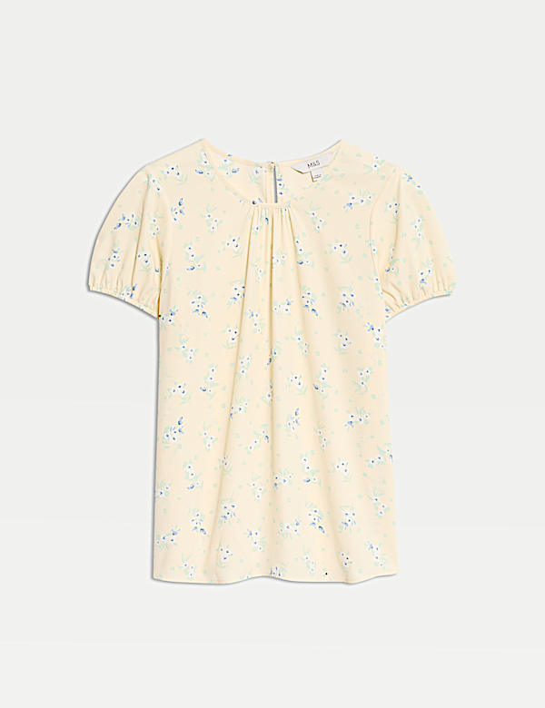 Top w kwiaty o kroju regular fit z bufiastymi rękawami - PL