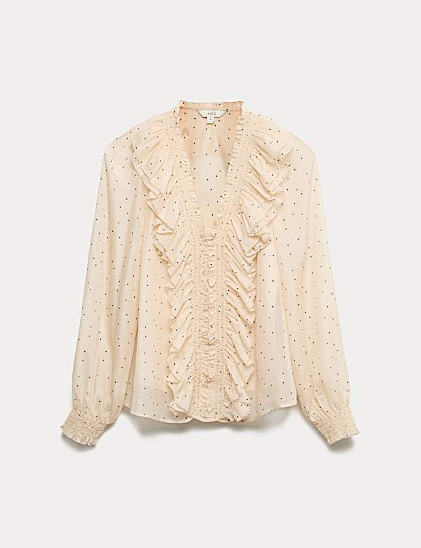 Oberteil mit Punktmuster, V-Ausschnitt und Rüschendetail - DE