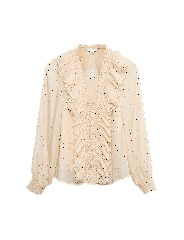 Polka Dot V-Neck Frill Detail Top