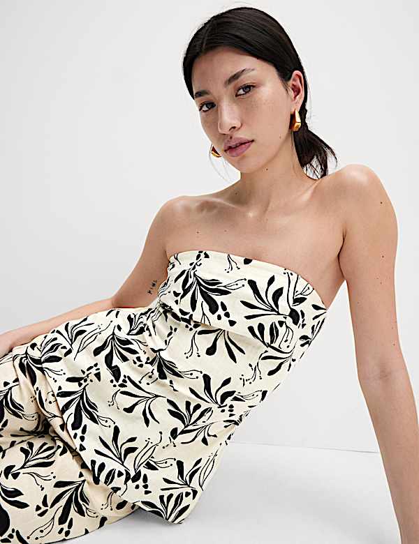 Linen Blend Printed Bandeau Top