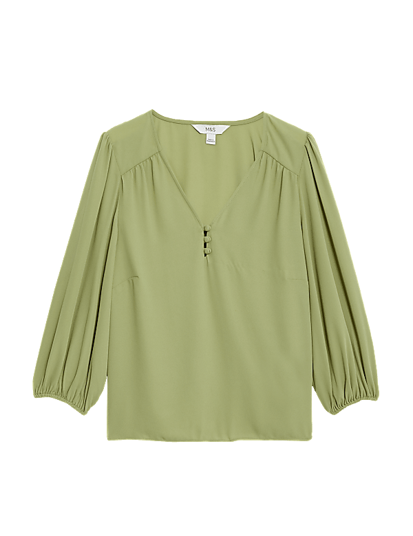V-Neck Button Detail Blouson Sleeve Blouse