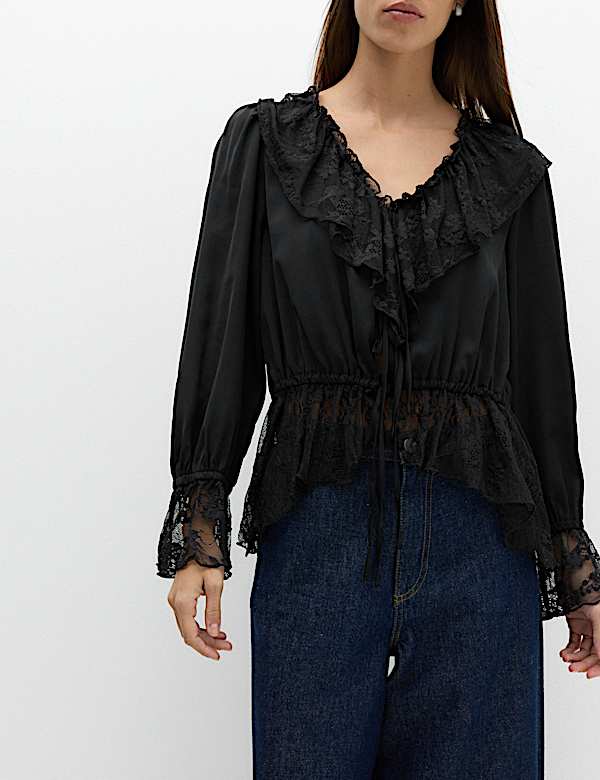 Satin Lace V Neck Ruffle Blouse - RS