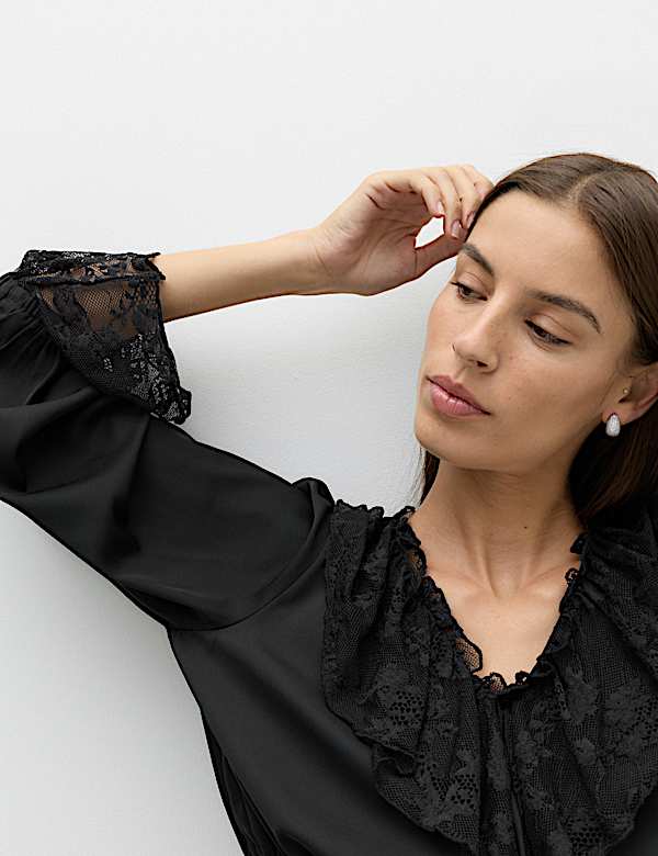 Satin Lace V Neck Ruffle Blouse - RS
