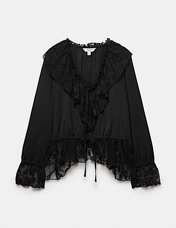 Satin Lace V Neck Ruffle Blouse - RS